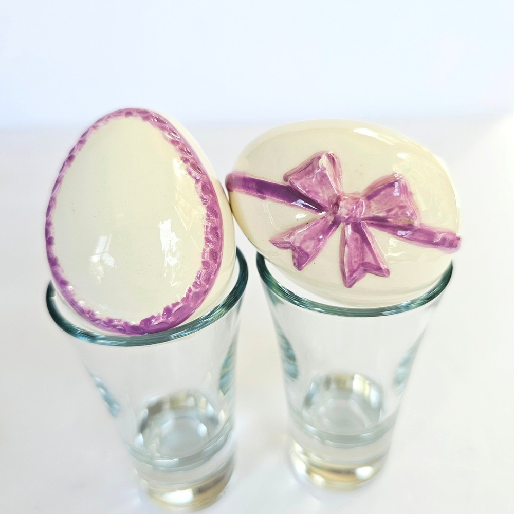 Vintage Ceramic Easter Eggs Hand Painted Purple Ribbon Bow Decor Set Cottagecore